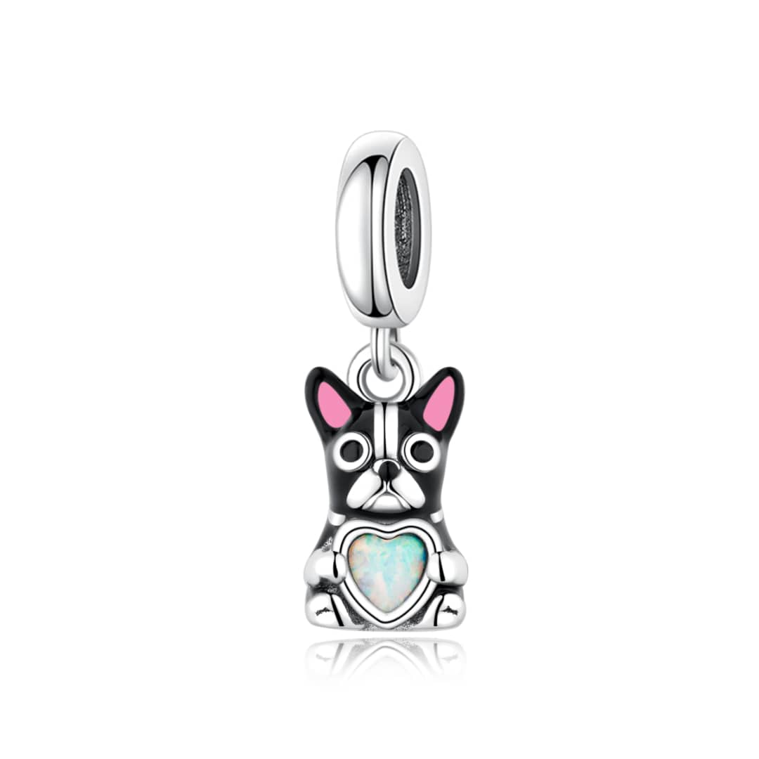 Frenchie French Bulldog Holding Opal Heart Charm - Sparks Charms