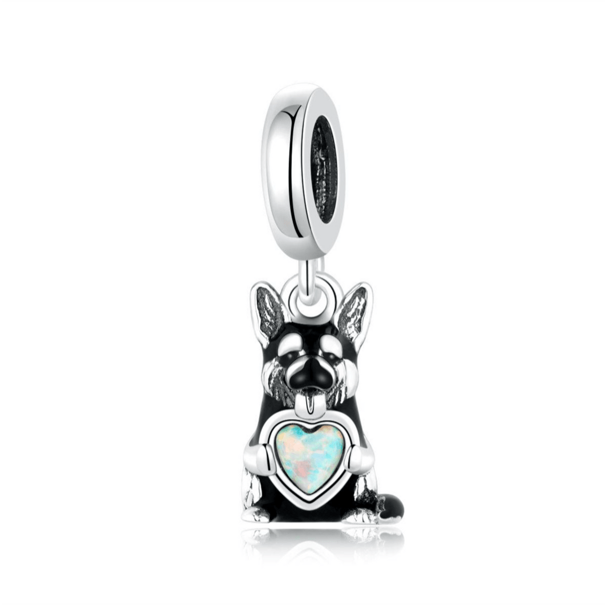 German Shephard Holding Opal Heart Charm - Sparks Charms