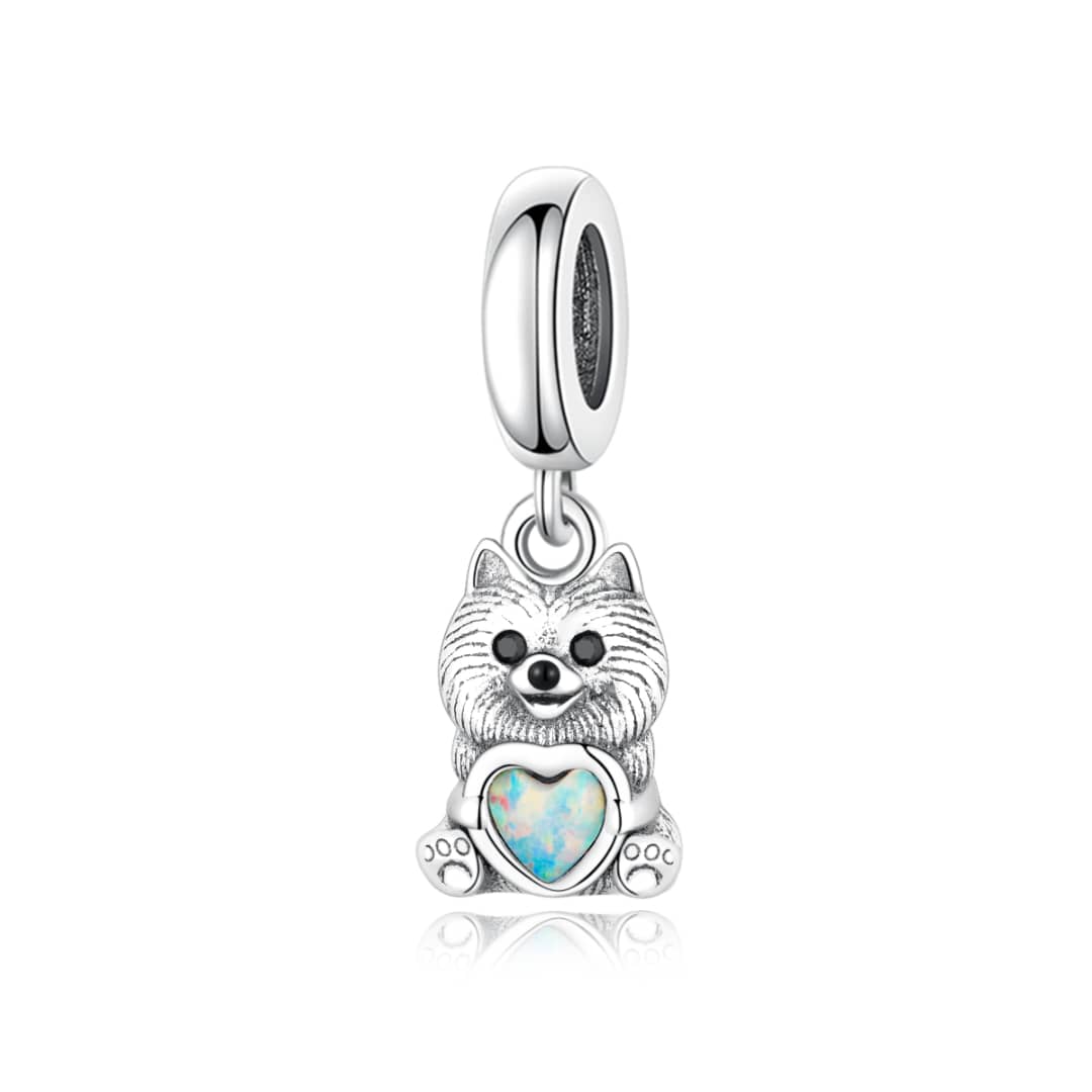 Pomeranian Holding Opal Heart Charm - Sparks Charms