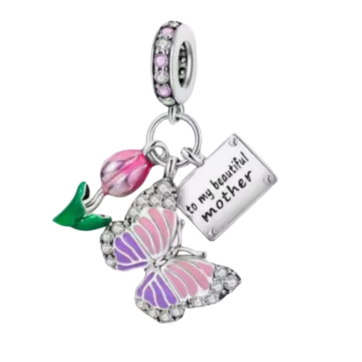 'To my beautiful mother' Butterfly & Tulip Charm - Sparks Charms
