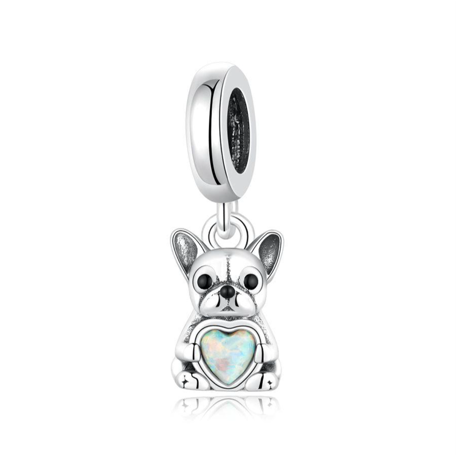 French Bulldog Frenchie Holding Opal Heart Charm
