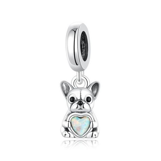 French Bulldog Frenchie Holding Opal Heart Charm