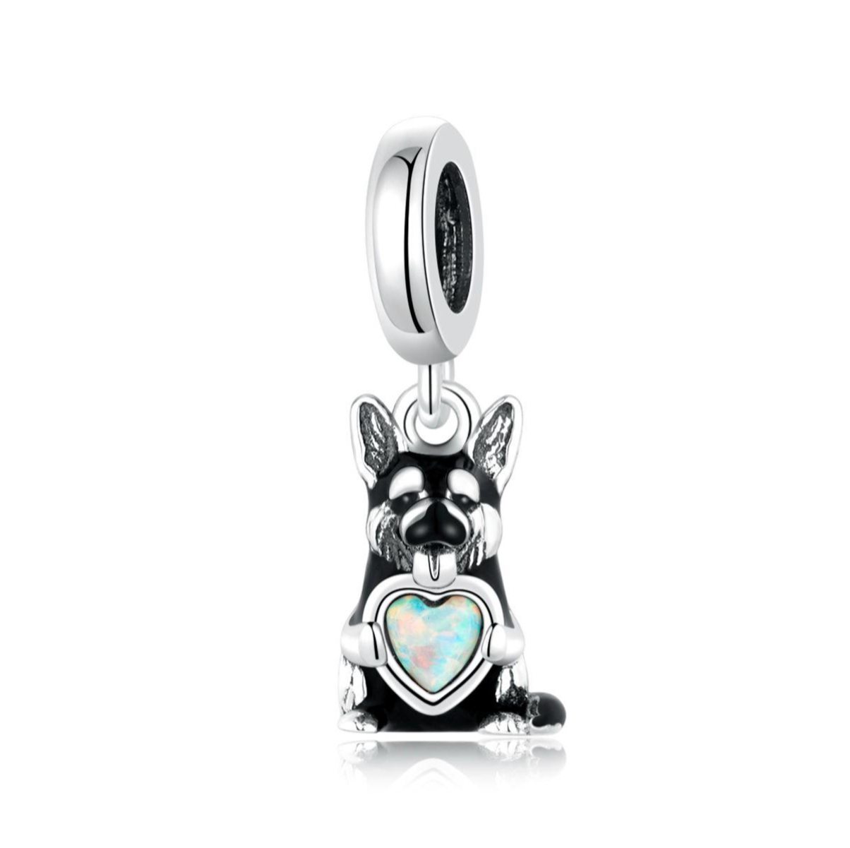 German Shepard Holding Opal Heart Charm