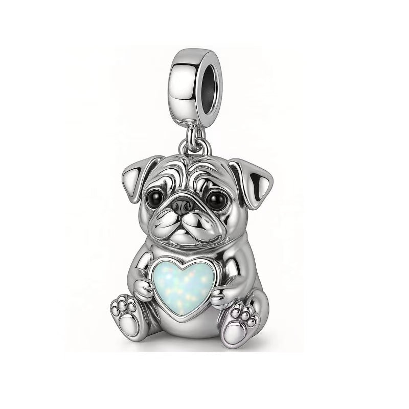 Pug Holding Opal Heart Charm