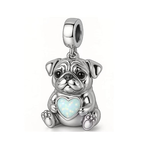 Pug Holding Opal Heart Charm