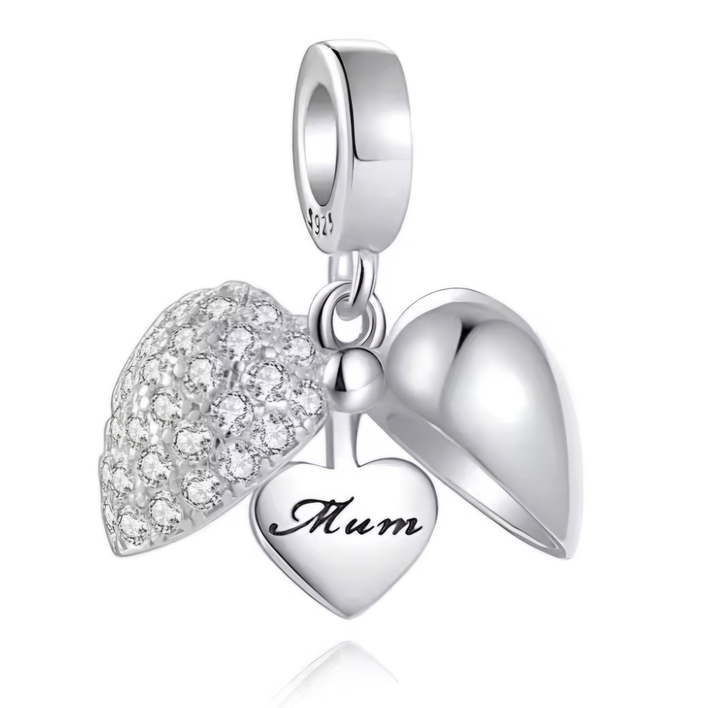 Opening Sparkling Clear or Pink Mum Heart Charm
