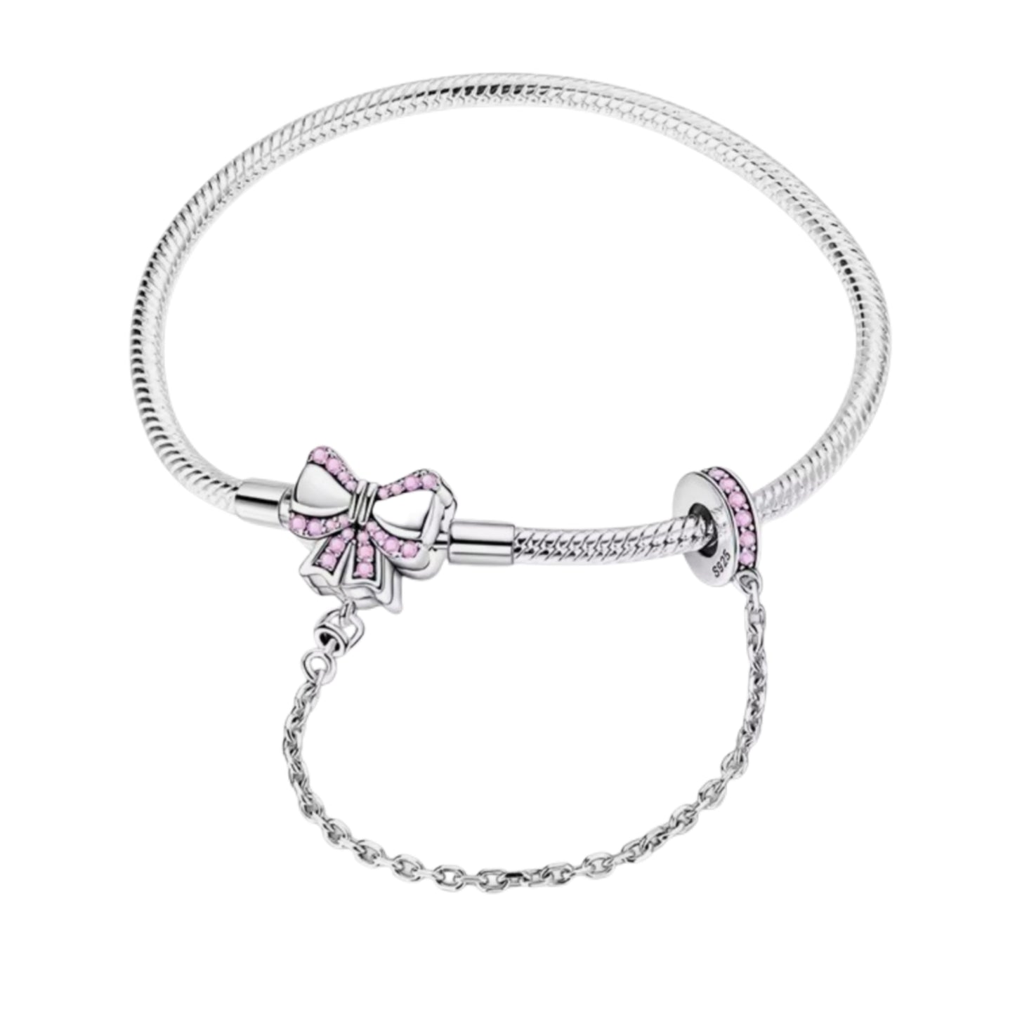 Pink Bow or Heart with Safety Chain Charm Bracelet