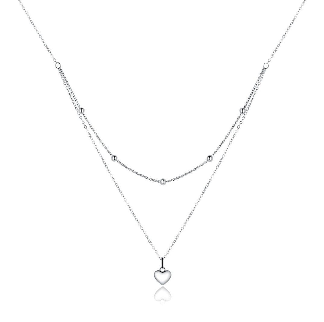925 Silver Double Chain Puffed Heart Necklace by Bamoer in Gift Box