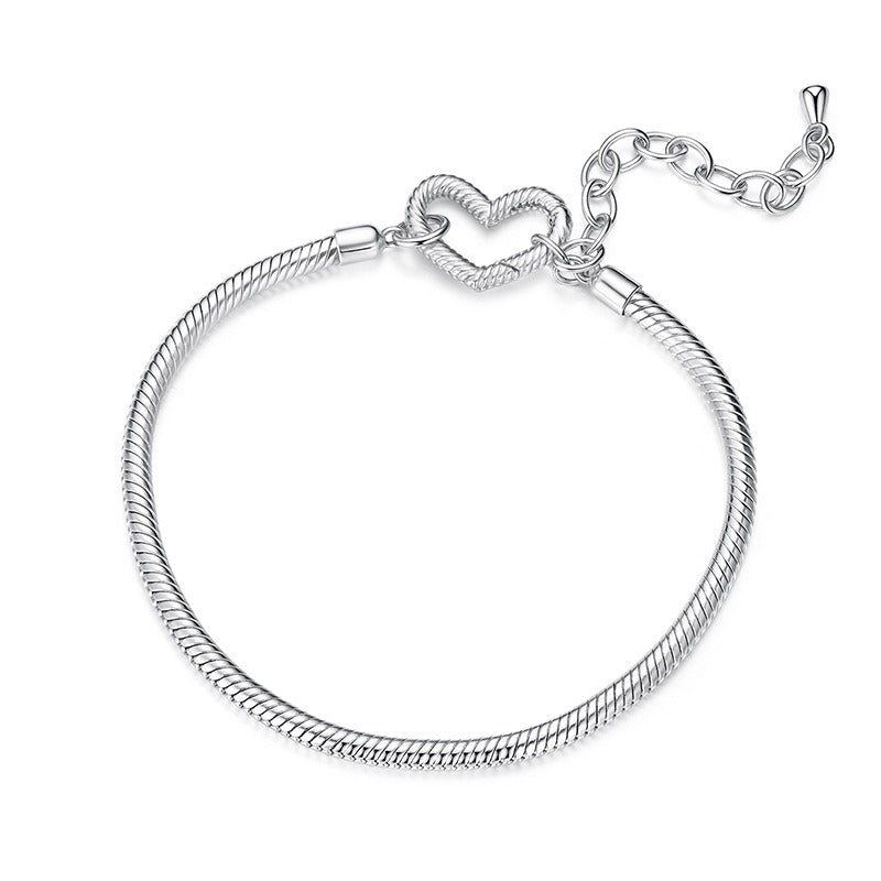 Solid 925 Silver Heart Spring Ring Charm Bracelet
