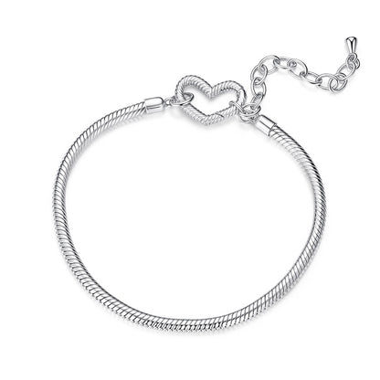 Solid 925 Silver Heart Spring Ring Charm Bracelet
