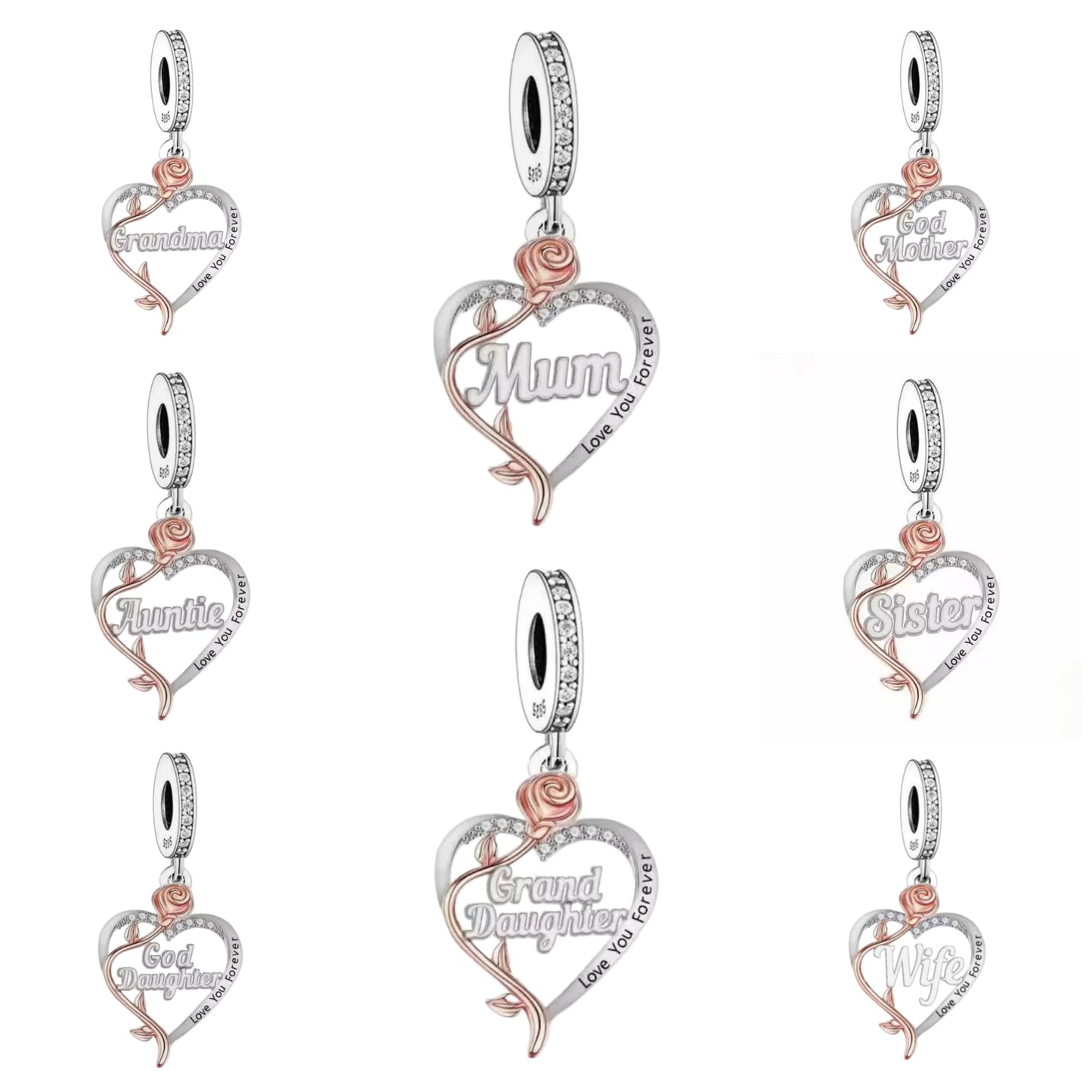 'I love you forever' Rose Heart Female Relation Charm