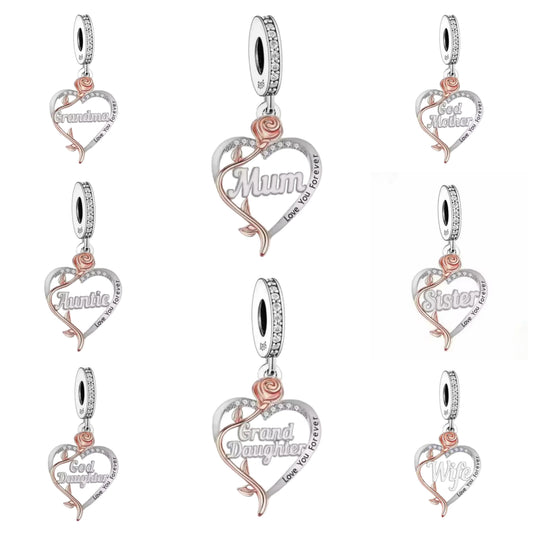 'I love you forever' Rose Heart Female Relation Charm