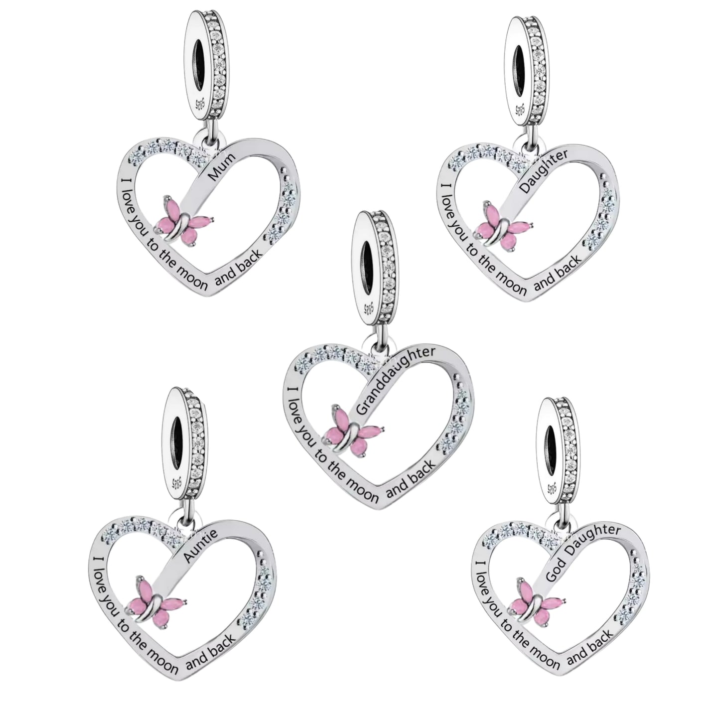 'I love you to the moon and back' Butterfly Female Relation Charm