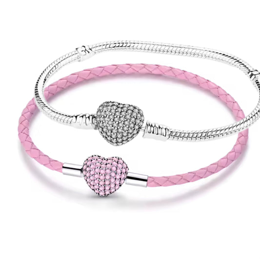 Clear or Pink Sparkling Puffed Heart Charm Bracelet