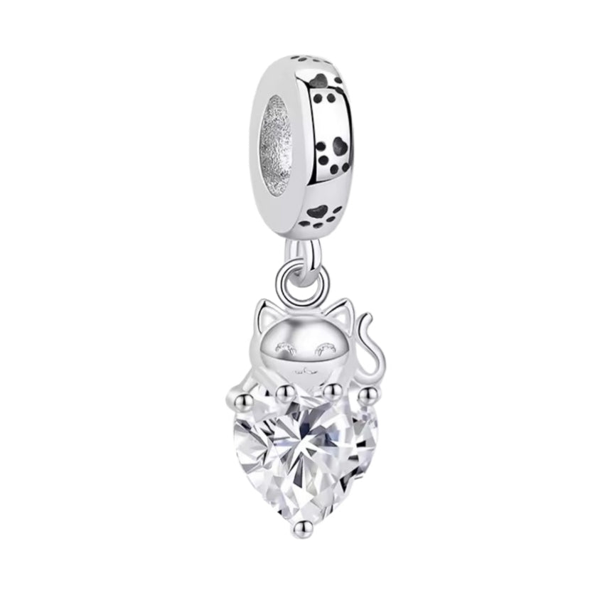 Cat on Sparkling Heart Charm - Sparks Charms