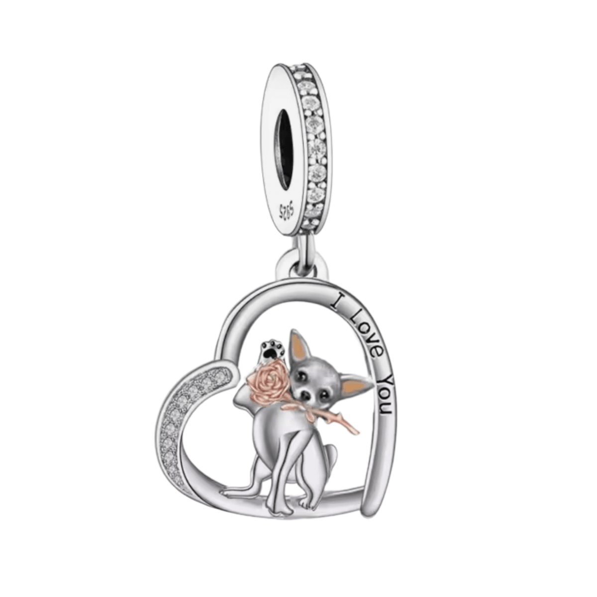 Chihuahua with Rose Heart 'I love you' Charm - Sparks Charms