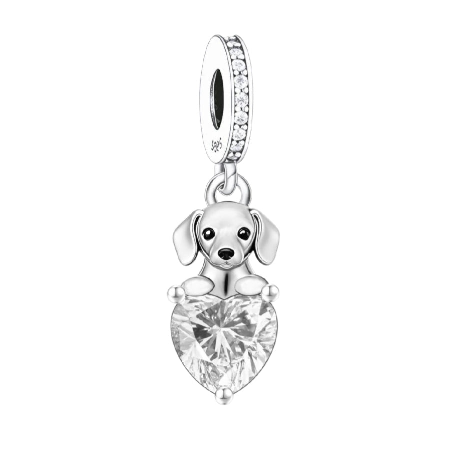 Dachshund Sausage Dog Holding Sparkling Heart Charm - Sparks Charms