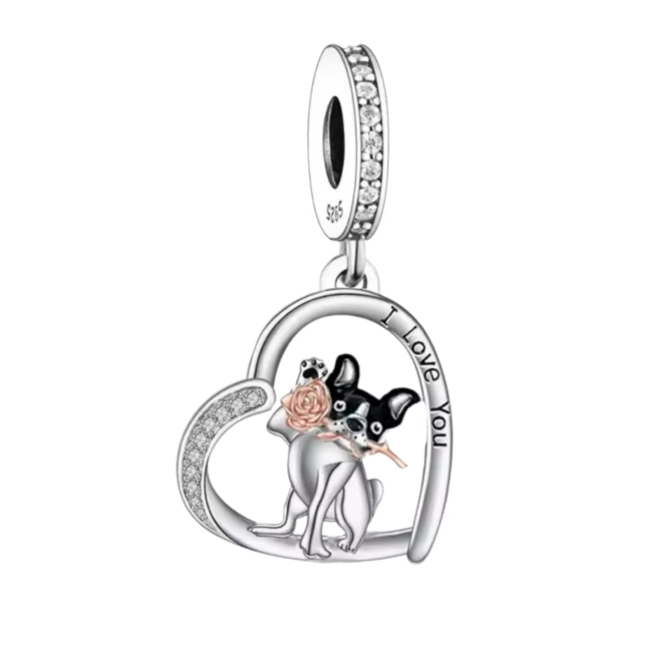 Frenchie with Rose Heart 'I love you' Charm - Sparks Charms