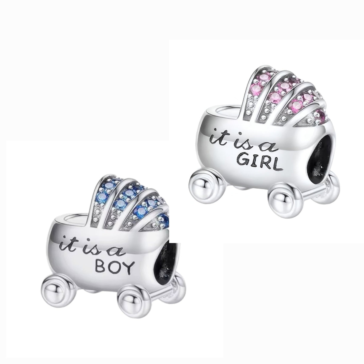 New Baby Sparkling Pram Push Chair Pink or Blue Charm - Sparks Charms