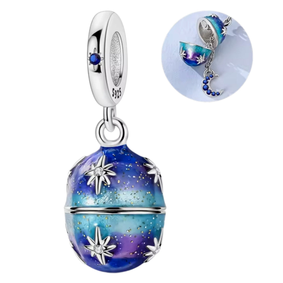 Opening Blue Faberge Egg with Moon Inside Charm - Sparks Charms