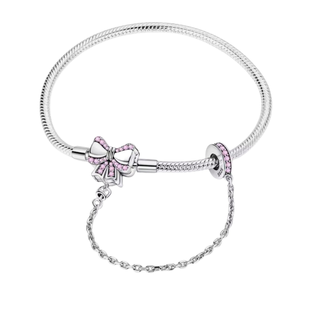 Pink Bow or Heart with Safety Chain Charm Bracelet - Sparks Charms