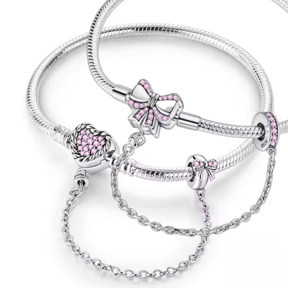 Pink Bow or Heart with Safety Chain Charm Bracelet - Sparks Charms