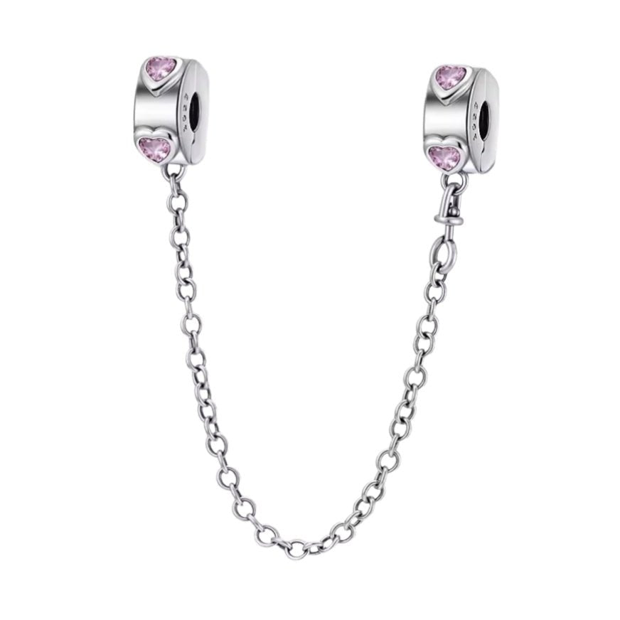 Pink Hearts Clip-on Safety Chain for Charm Bracelet inc Rubber Stoppers - Sparks Charms