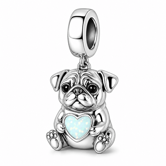 Pug Holding Opal Heart Charm - Sparks Charms