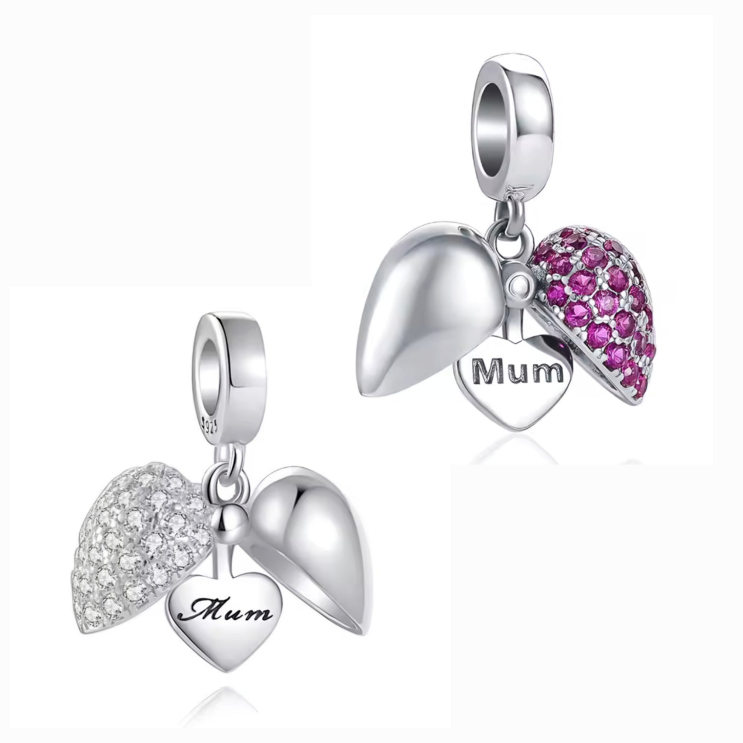 Opening Sparkling Clear or Pink Mum Heart Charm