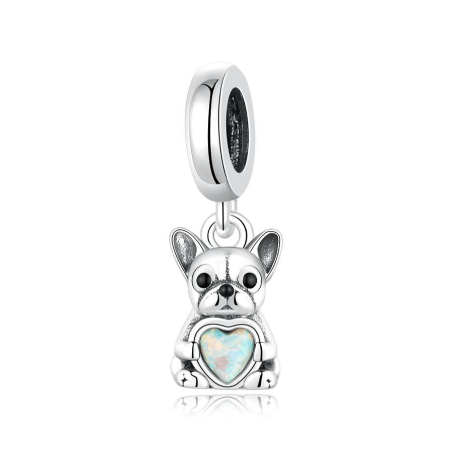Silver French Bulldog Holding Opal Heart Charm - Sparks Charms