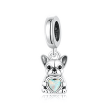 Silver French Bulldog Holding Opal Heart Charm - Sparks Charms