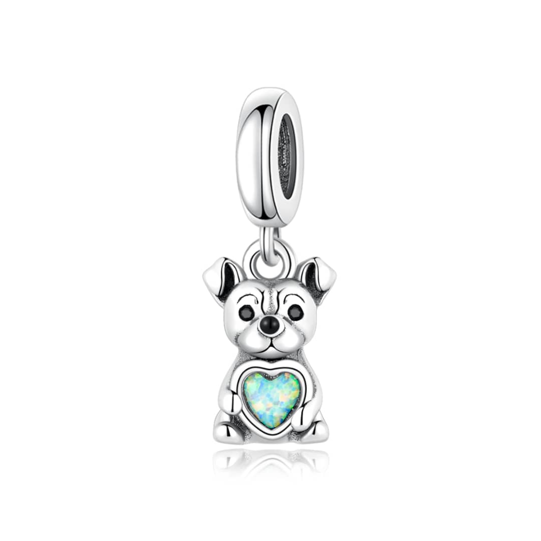 Staffie Staffordshire Bull Terrier Holding Opal Heart Charm - Sparks Charms